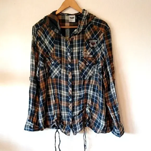 Harley Davidson Button Down Flannel Hoodie With Patches - Picture 1 of 7
